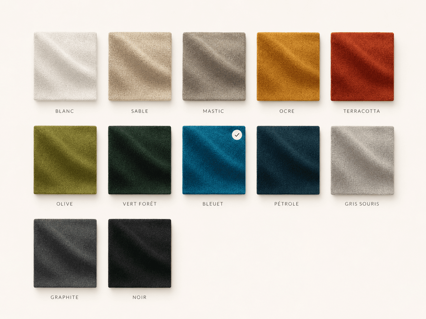 Bubble Sofa upholstery color swatches from white to black