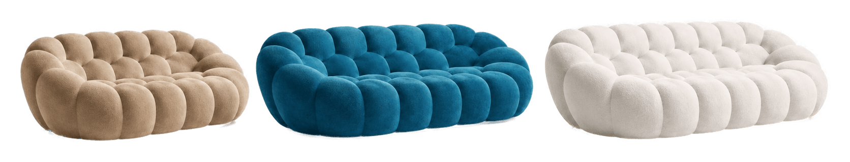 Transparent cutout of three Bubble Sofa cloud sofas in sand, petrol blue and white